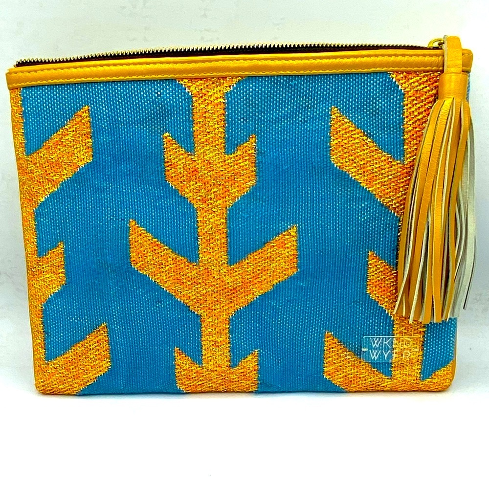 WKND WYFR Blue And Gold Clutch With Zipper Pocket Inside And Zipper Closure